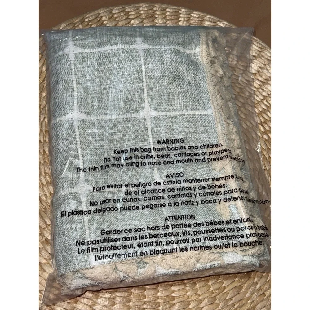 Yuanice Linen Blend Shower Curtain Sage Green‎ Grid Tassel Farmhouse 47x72